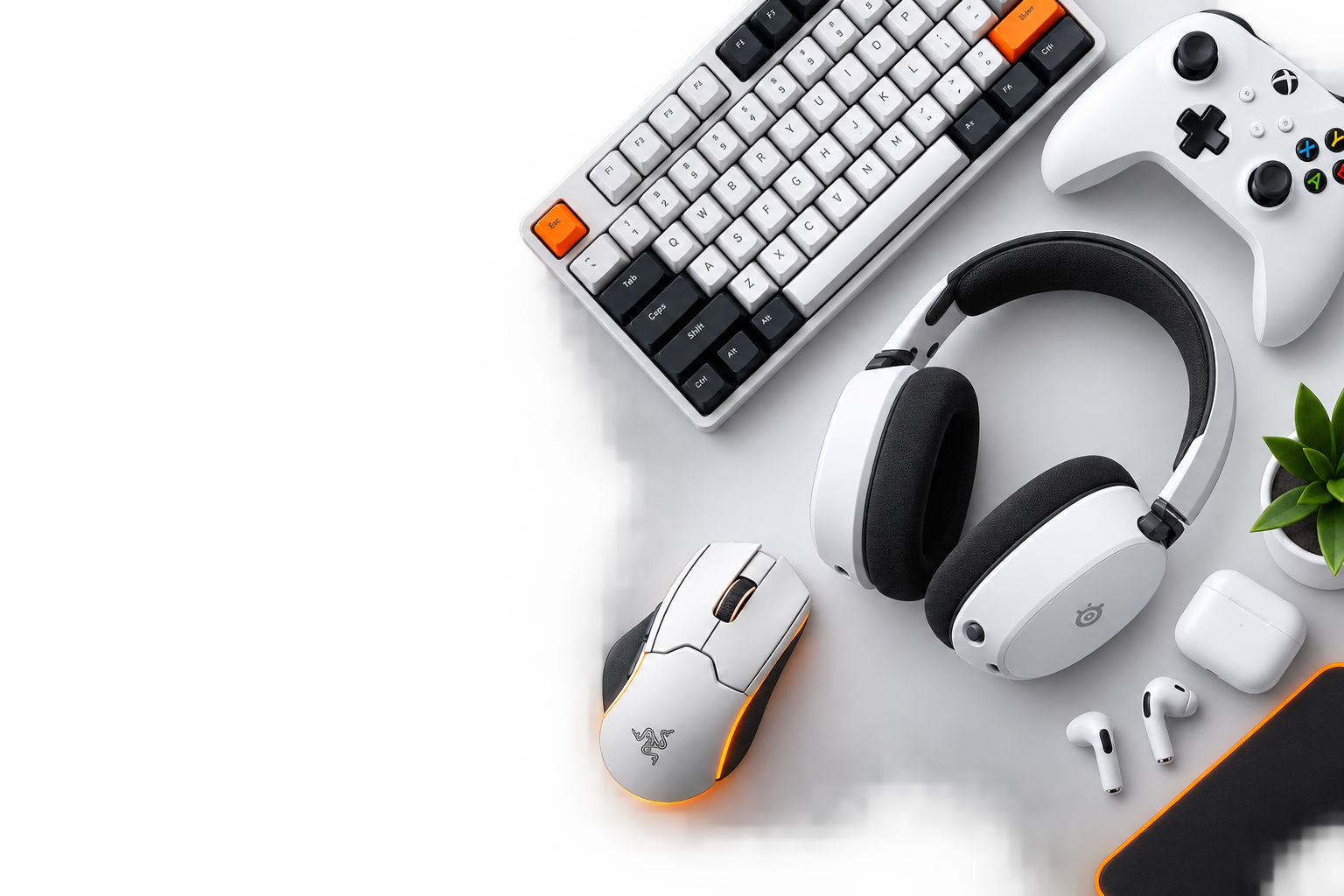 Gaming gear flatlay — keyboard, mouse, headphones, controller and earbuds